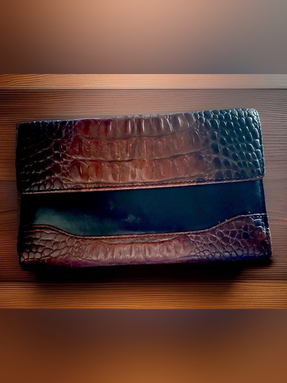 BRAHMIN | Tuscan Checkbook Clutch |  Brown/Black Croc Texture Vintage Wallet